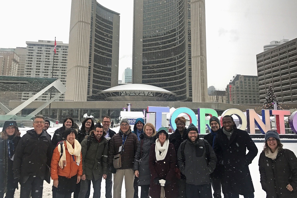 Study Tour group in the snow in downtown Toronto